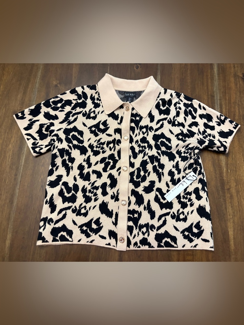Women’s Beige and Black Leopard Print Polo Button-Up Top by Nicole Miller
